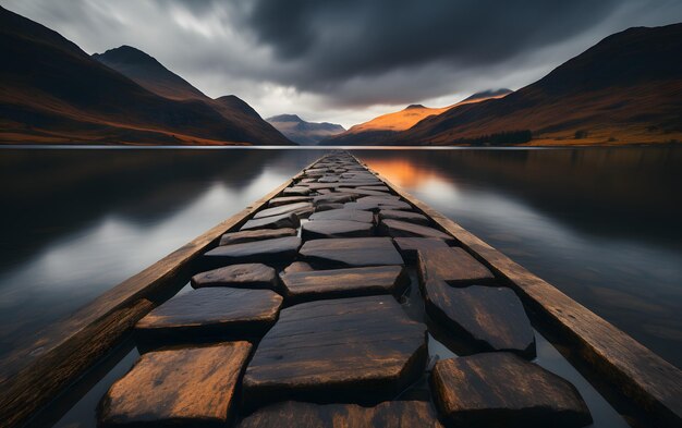 Muelle de madera y nubes oscuras