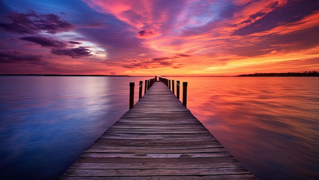 un muelle de madera con la palabra puesta de sol en el agua