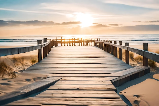 Muelle de madera en la playa al atardecer