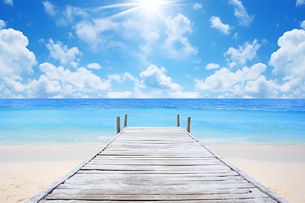 Muelle de madera en una playa tropical con cielo azul y nubes blancas