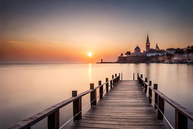 Un muelle de madera con una puesta de sol de fondo