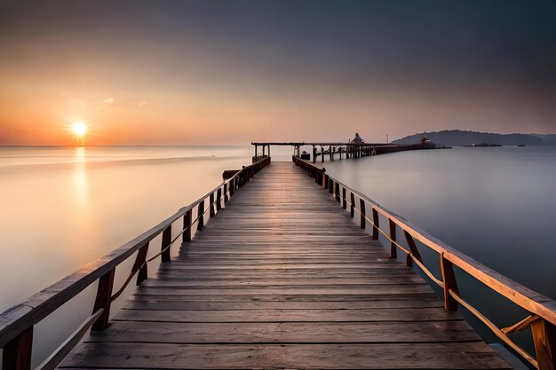 un muelle de madera con una puesta de sol en el fondo