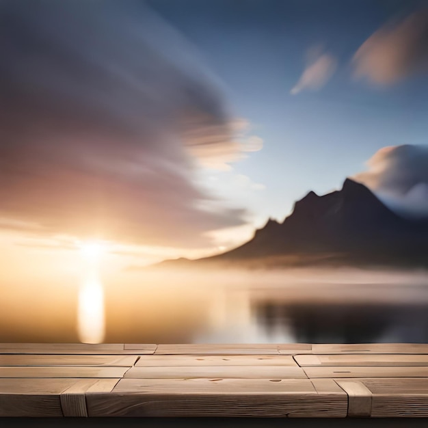 Un muelle de madera con una puesta de sol y montañas al fondo.