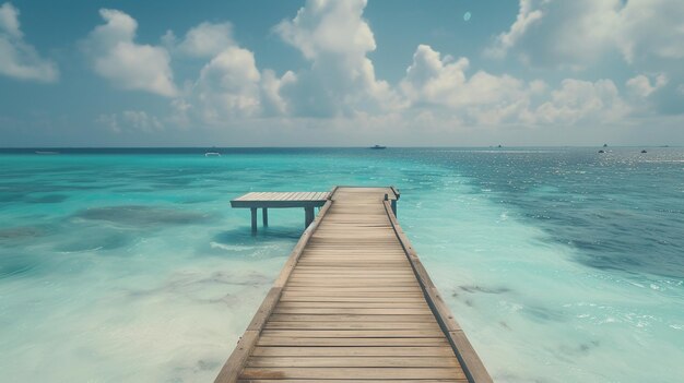 Foto muelle de madera que conduce a las aguas turquesa de las maldivas