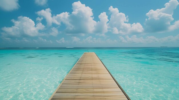 Foto muelle de madera que conduce a las aguas turquesa de las maldivas