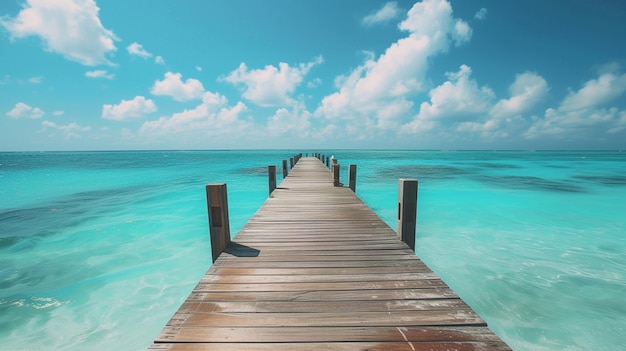 Foto muelle de madera que conduce a las aguas turquesa de las maldivas