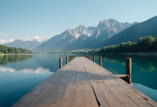 Foto un muelle de madera que conduce a un lago tranquilo con montañas en el fondo y un cielo despejado