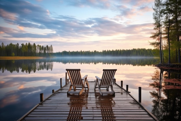 Muelle de madera con sillas vacías con vistas a un lago sereno