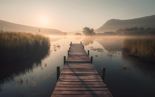 Un muelle de madera sobre un lago con montañas al fondo.