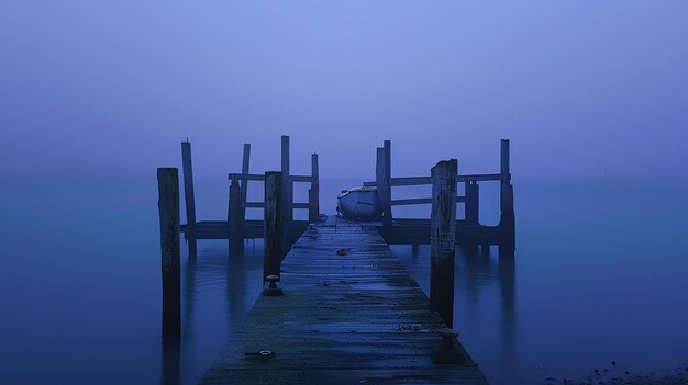 Foto un muelle de madera sobresale en las aguas tranquilas de un lago en un día de niebla un barco está amarrado al muelle el agua está tranquila y quieta