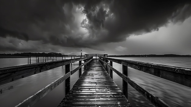 Un muelle de madera sobresale en un lago en un día tormentoso el cielo es oscuro y el agua es agitada