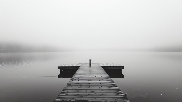 El muelle de madera sobresale en el lago tranquilo el agua es tranquila y tranquila una espesa niebla cubre el lago oscureciendo la vista de la orilla opuesta