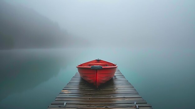 Foto un muelle de madera sobresale en un lago tranquilo en un día de niebla un solo bote de remos rojo está amarrado al muelle el agua está tranquila y quieta