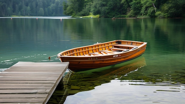 Foto el muelle de madera sobresale en el lago tranquilo donde un barco de remos de madera solitario se balancea suavemente en las olas