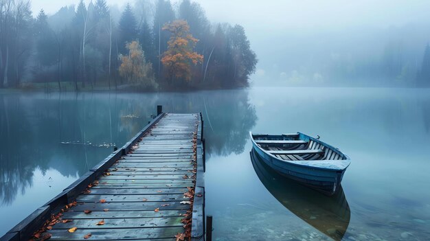 Foto un muelle de madera sobresale en un lago tranquilo en una nebulosa mañana de otoño un barco solitario se tambalea al final del muelle la lejana orilla está envuelta en niebla