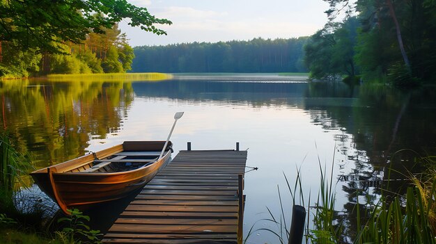 El muelle de madera sobresale en el tranquilo lago rodeado de exuberante vegetación