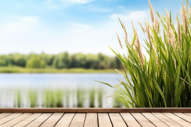 Muelle de madera vacío con pastos de caña verde junto al lago en verano