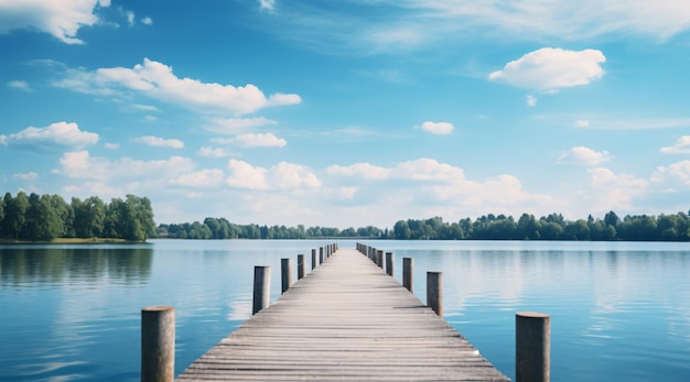 Foto muelle de madera con vistas a un lago azul brillante, agua con bosque verde y cielo nublado