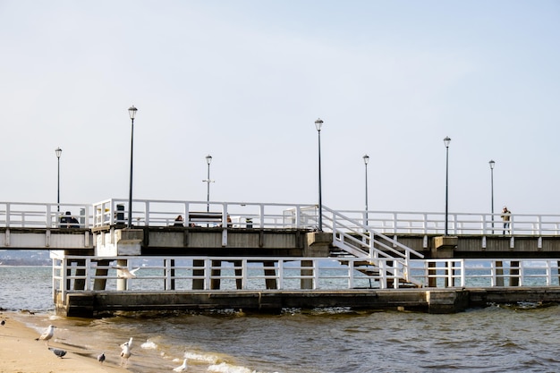 El muelle de molo de Sopot más largo de Europa Mar Báltico y el sol Gaviotas volando en la playa del Mar Báltico Olas en busca de comida Vacaciones de vacaciones