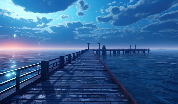 un muelle con un muelle y un muele con un cielo azul y nubes en el fondo