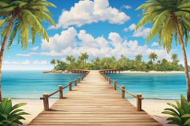 Muelle o puente de madera con playa tropical