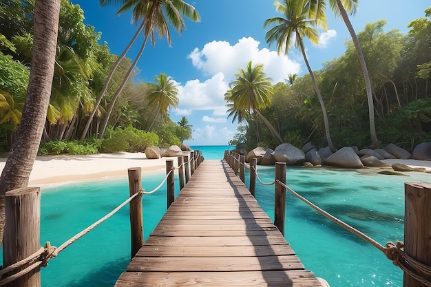 Muelle o puente de madera con playa tropical