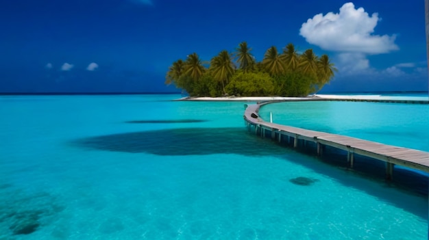 un muelle con palmeras y un barco en el agua