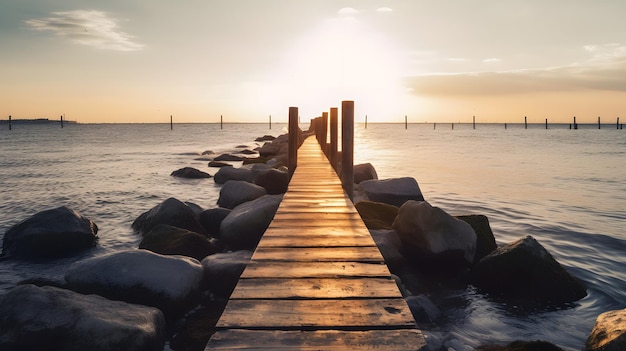 Un muelle en la playa con la puesta de sol detrás