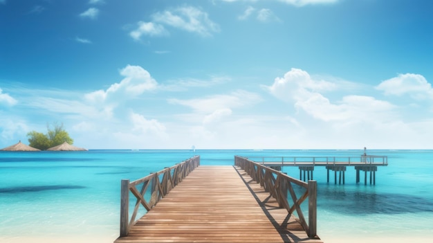 Un muelle en una playa tropical con cielo azul y nubes