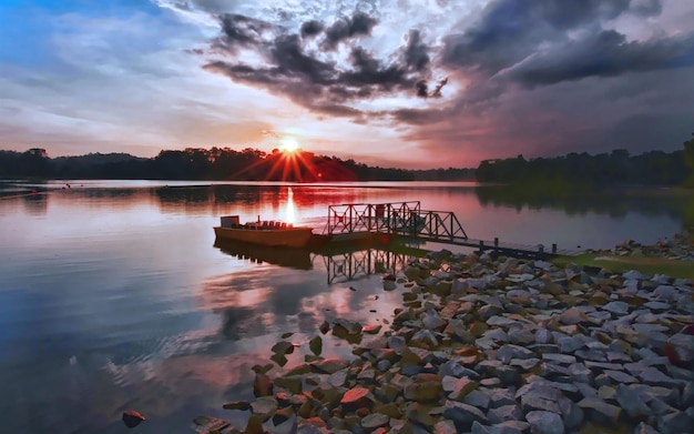 Foto un muelle con un puente y una puesta de sol en el fondo