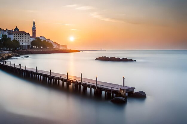 un muelle con una puesta de sol en el fondo