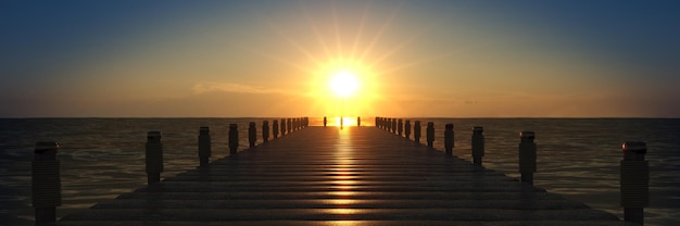 Foto un muelle con la puesta de sol de fondo