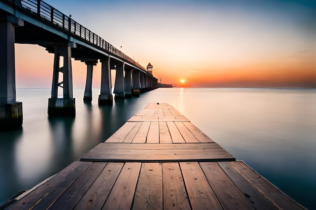 un muelle con una puesta de sol en el fondo