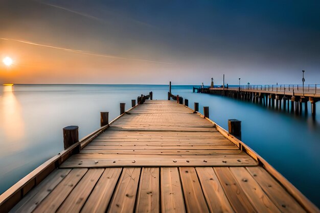 un muelle con una puesta de sol en el fondo