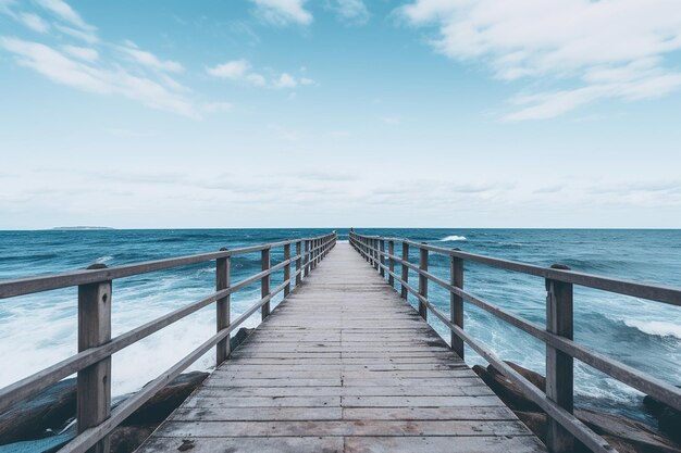 El muelle que conduce al océano con las olas que se estrellan