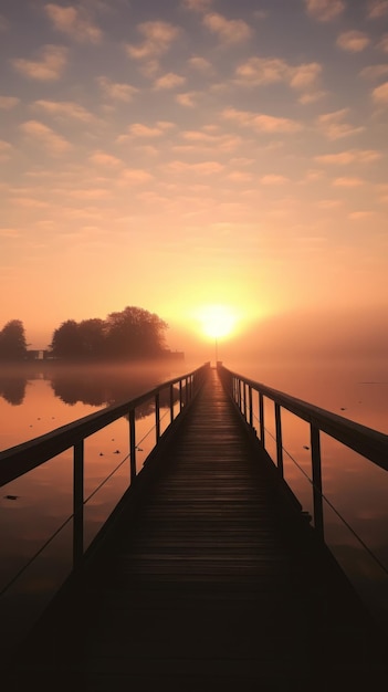 Un muelle que conduce a un lago con una puesta de sol al fondo.