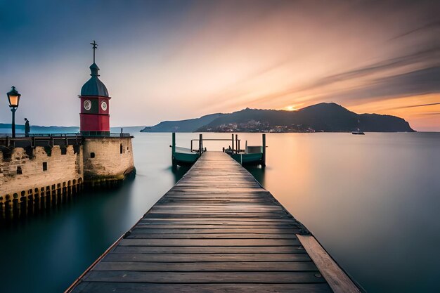 un muelle con un reloj en él que dice " la hora es 10 : 00 "