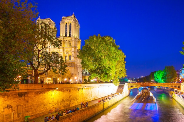 Muelle de Seine y Notre Dame de Paris en la noche, Francia