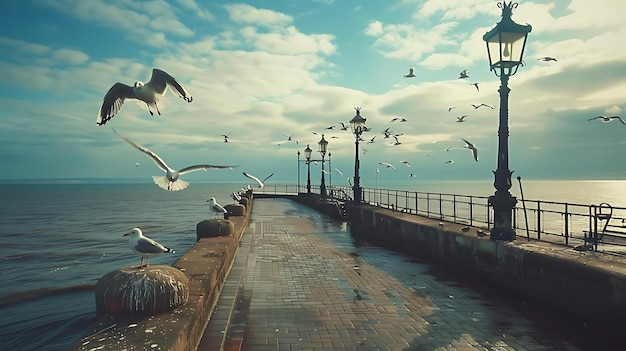 Un muelle sobresale en el océano el pavimento conduce al final del muelle una bandada de gaviotas vuela sobre el muelle el cielo es azul y nublado