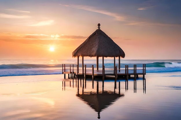 Un muelle con techo de paja se asienta en el agua al atardecer.