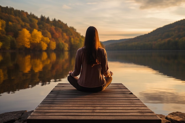 El muelle de la tranquilidad de la orilla del lago Meditación al atardecer