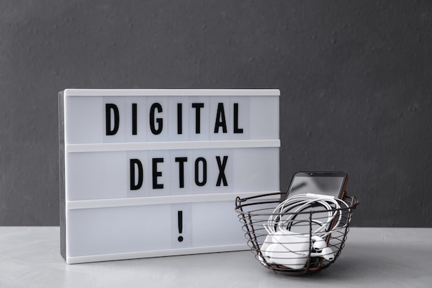 Mülleimer mit verschiedenen Gadgets und Lightbox mit Worten DIGITAL DETOX auf hellgrauem Tisch