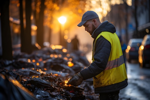 Müllmann arbeitet morgens, um Plastik für den Müllwagen zu sammeln