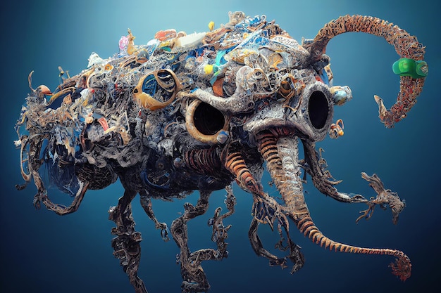 Müllmonster unter Wasser. Fantastische Kreaturen aus Plastikmüll und Müll, digitale Illustration