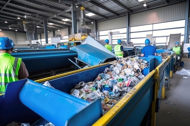 Müllsortieranlage Viele verschiedene Förderbänder und Bunker Arbeiter sortieren den Müll auf dem Förderband Abfallentsorgung und Recycling Müllrecyclinganlage