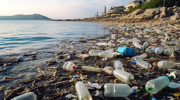 Müllstrand mit Plastikflaschen und Abfällen, der an das Problem der Umweltverschmutzung erinnert