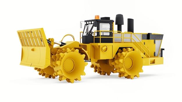 Müllverdichtermaschine für Deponien. Eine spezielle Art von industriellem Bulldozer für die Arbeit auf Deponien. 3D-Rendering.