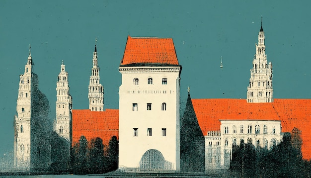 Münchner Landschaftsmalerei Illustration Skyline der Stadt München