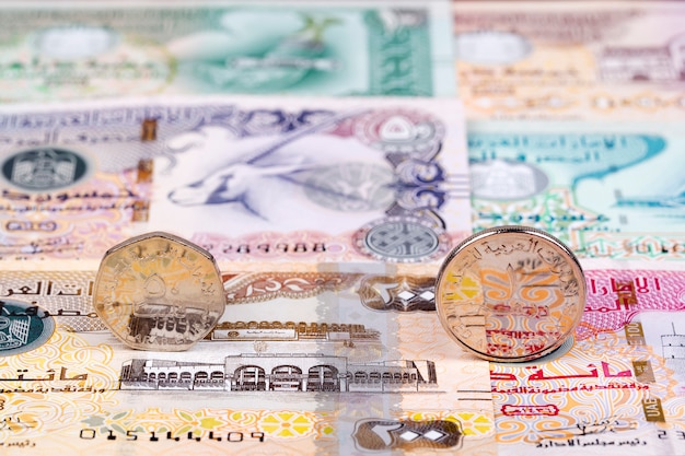 Münzen aus den Vereinigten Arabischen Emiraten vor dem Hintergrund der Banknoten