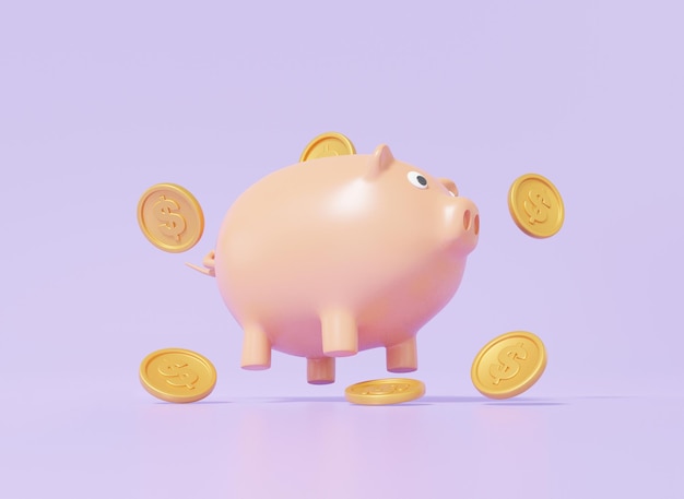 Münzen Dollar und Sparschwein schwimmend Finanzsparkonzept Cartoon-Stil minimal auf lila pastellfarbenem Hintergrund Anzahlungskopienraum 3D-Renderillustration